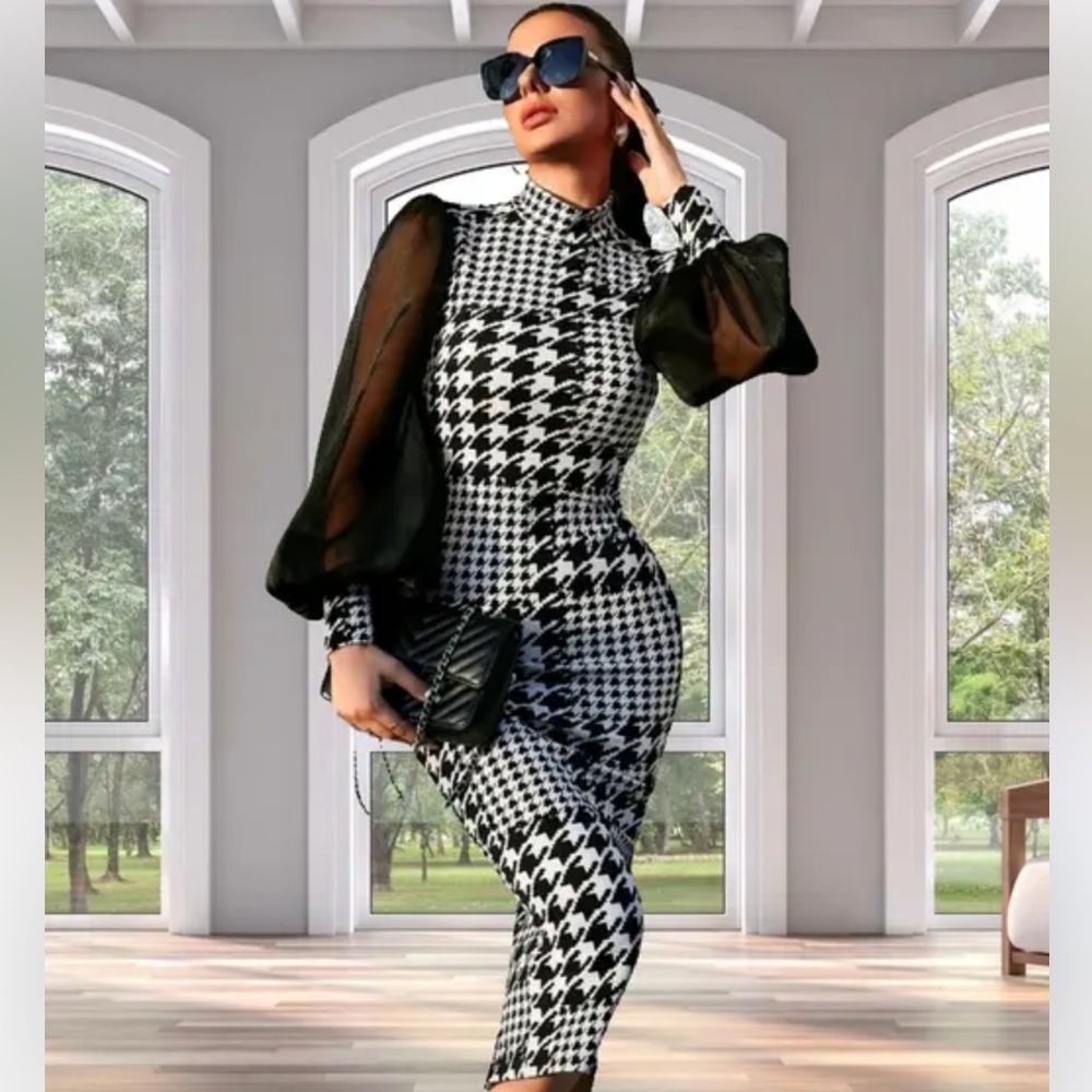 Houndstooth Mesh Long Sleeves Dress